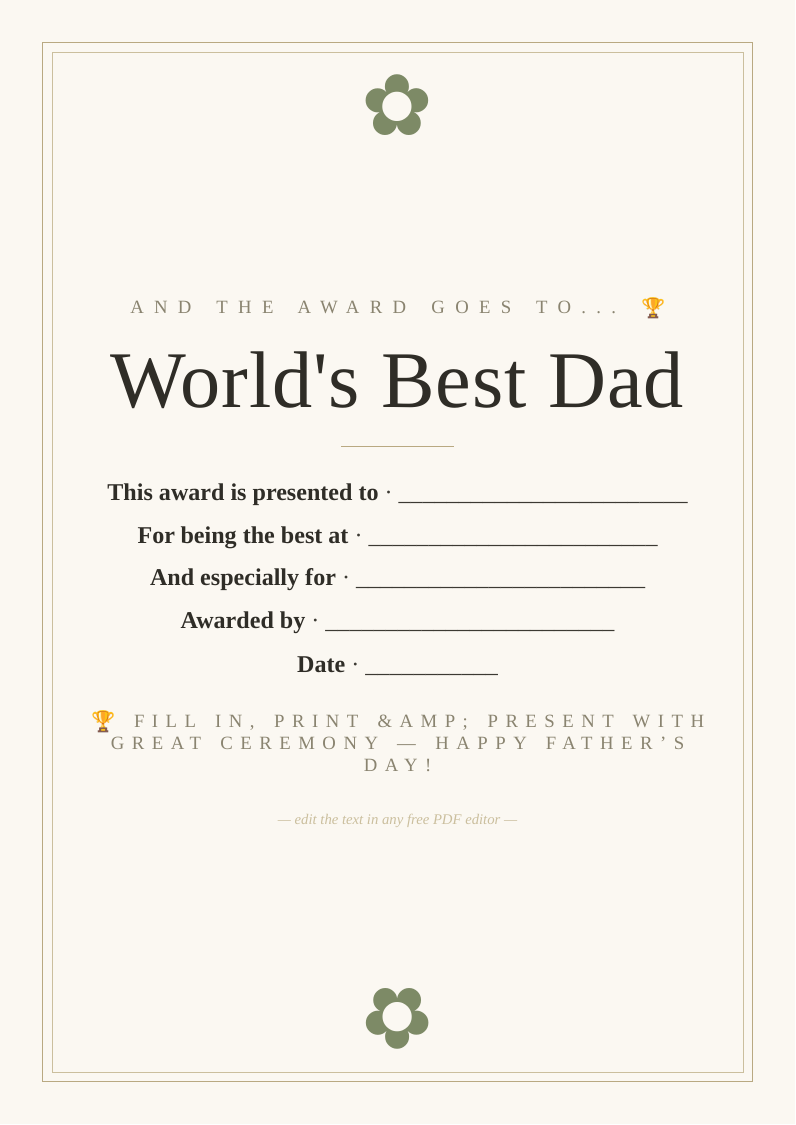 "Best Dad" award certificate