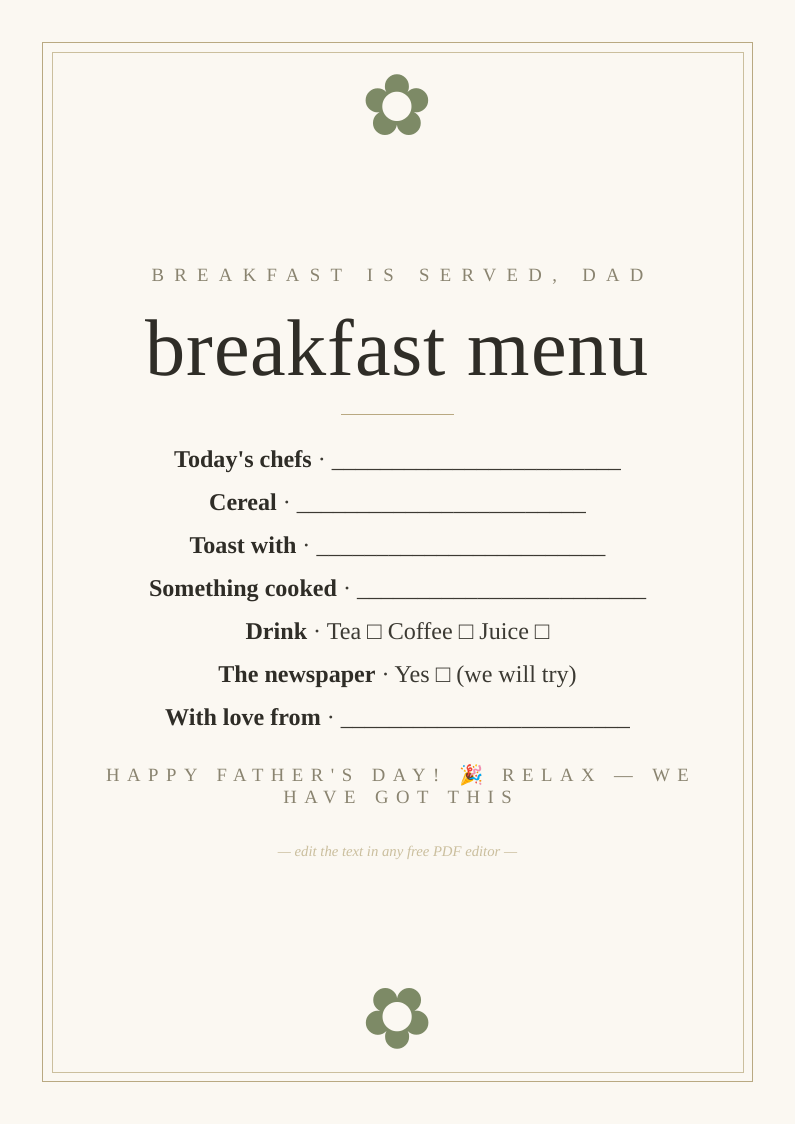 Father's Day breakfast menu