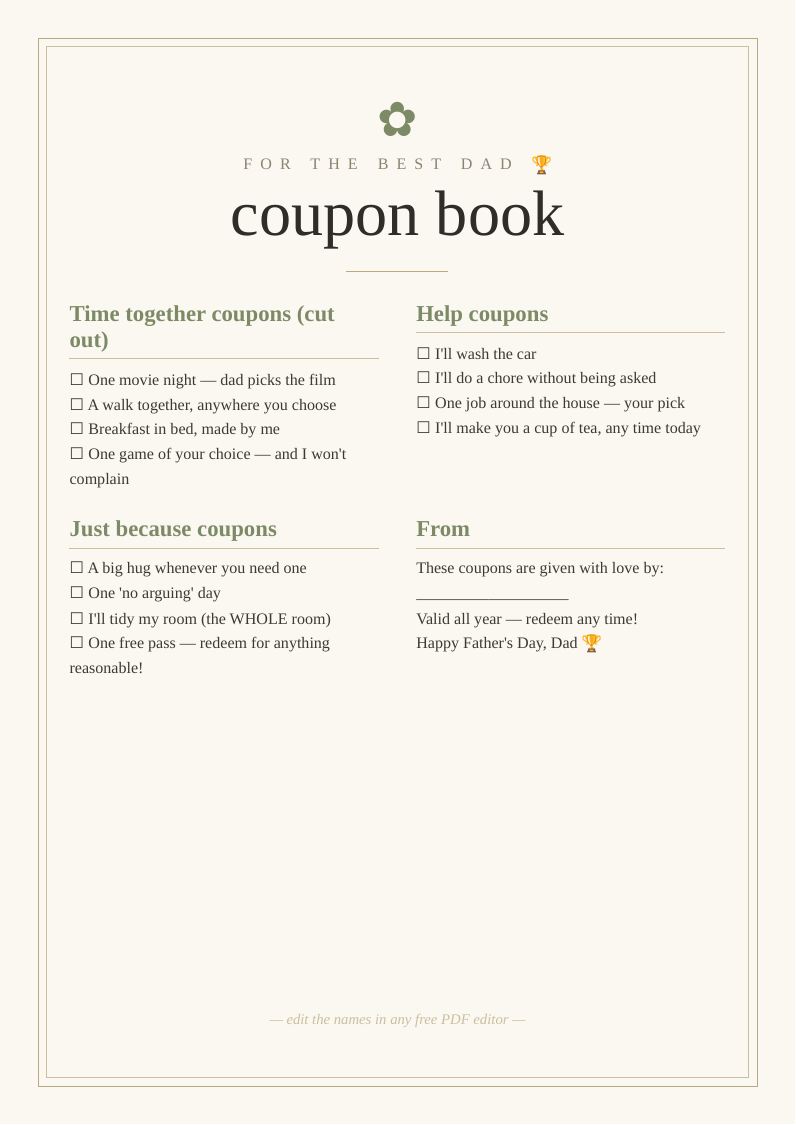 Father's Day coupon book