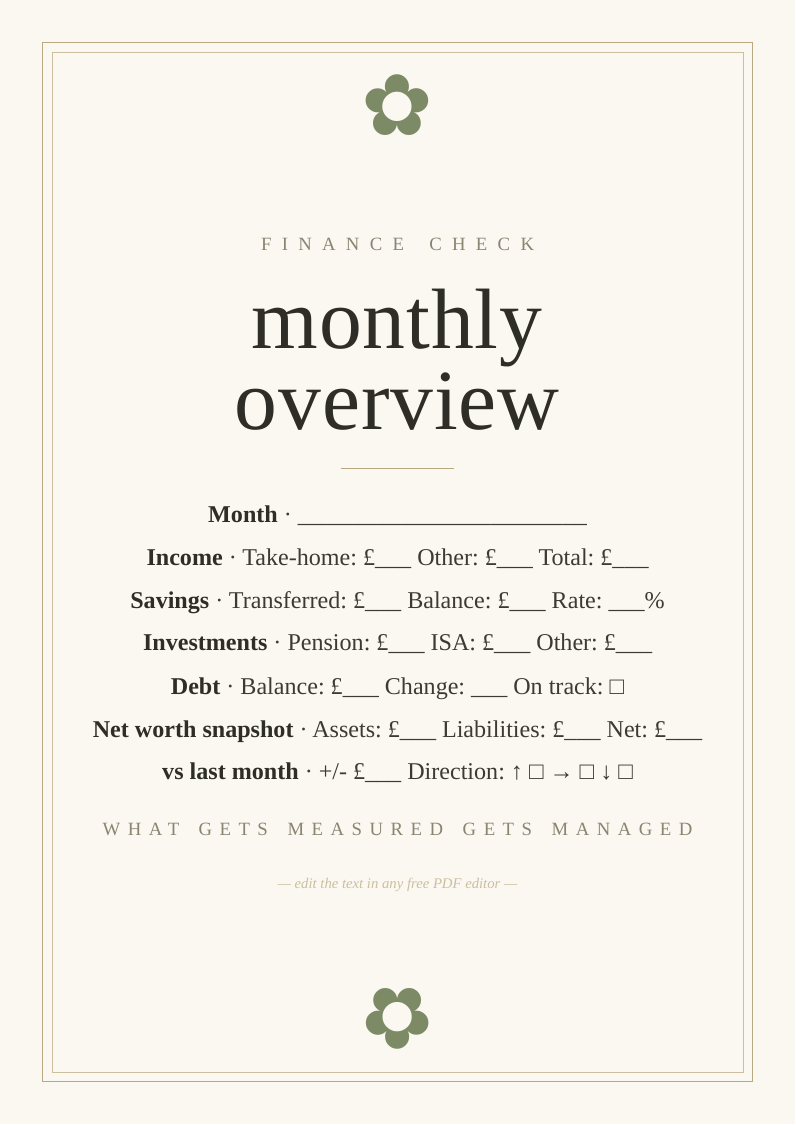 Monthly finance overview tracker