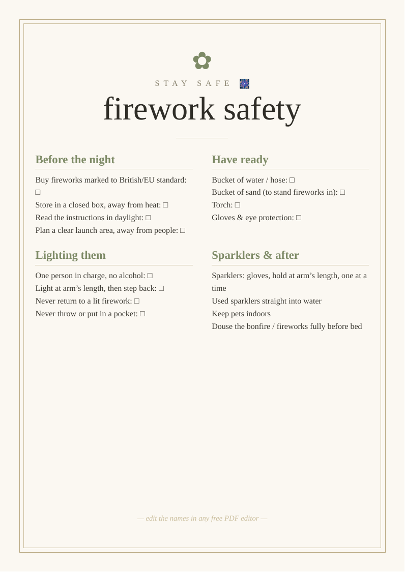 Firework & sparkler safety checklist