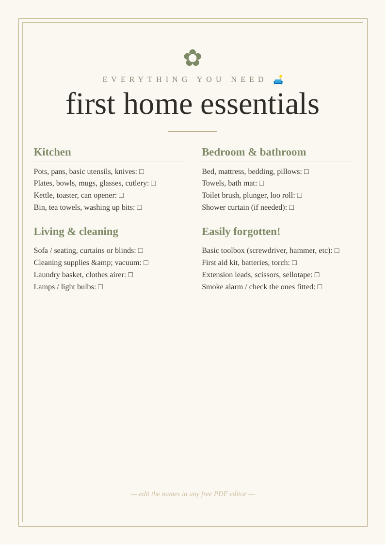 First home essentials shopping list
