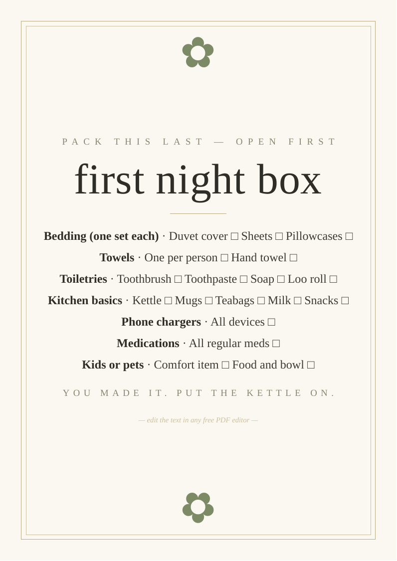 First night box checklist