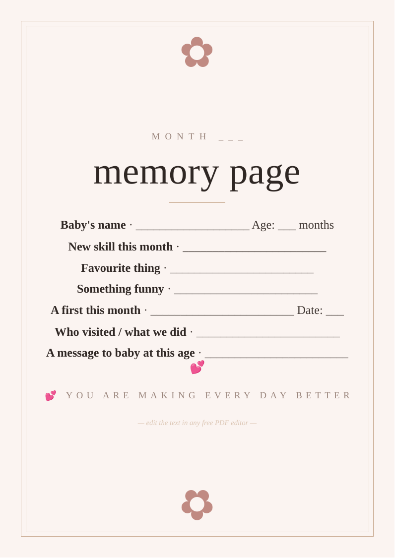 Baby first year memory page printable milestone month firsts laughs remember record keepsake