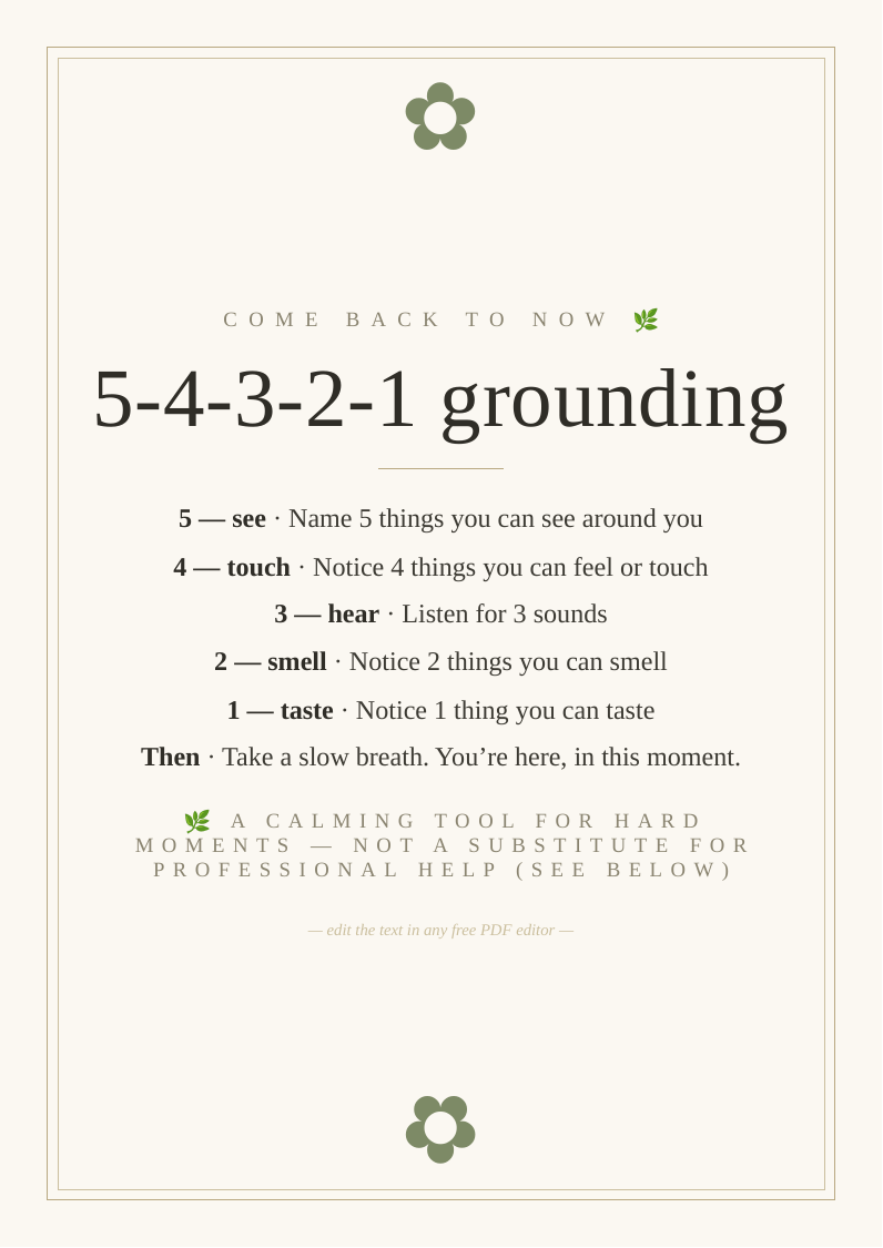 5-4-3-2-1 grounding card printable calming technique anxiety overwhelm senses based bring back present pocket reminder panic anxiety wellbeing mental health coping