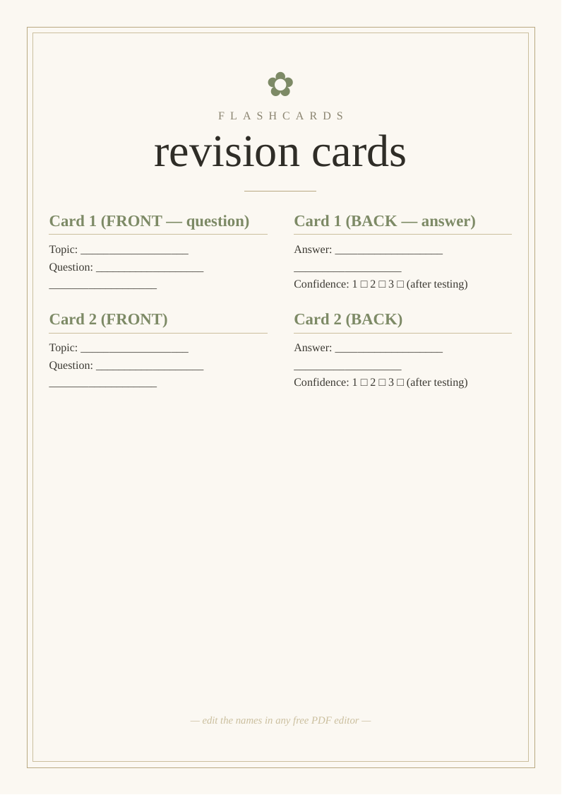 Revision flashcard template printable cut cards question answer active recall efficient study