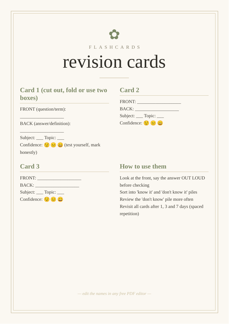 Printable flashcard template revision set cut out write question one side answer other DIY active recall effective technique study