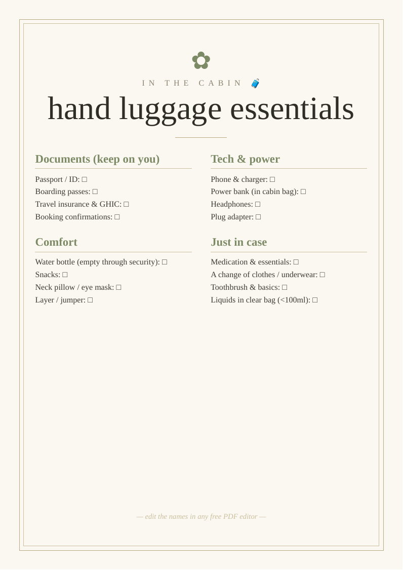 Hand luggage essentials checklist printable carry on comfortable flight documents tech comfort items hold bag astray plane travel packing cabin bag