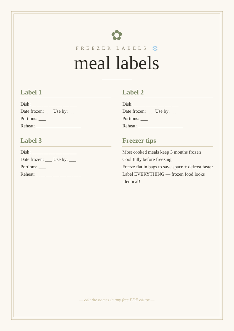 Freezer meal labels set
