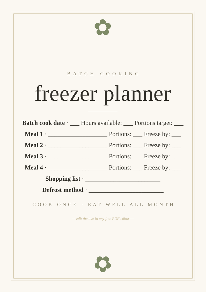 Freezer meal batch cook planner