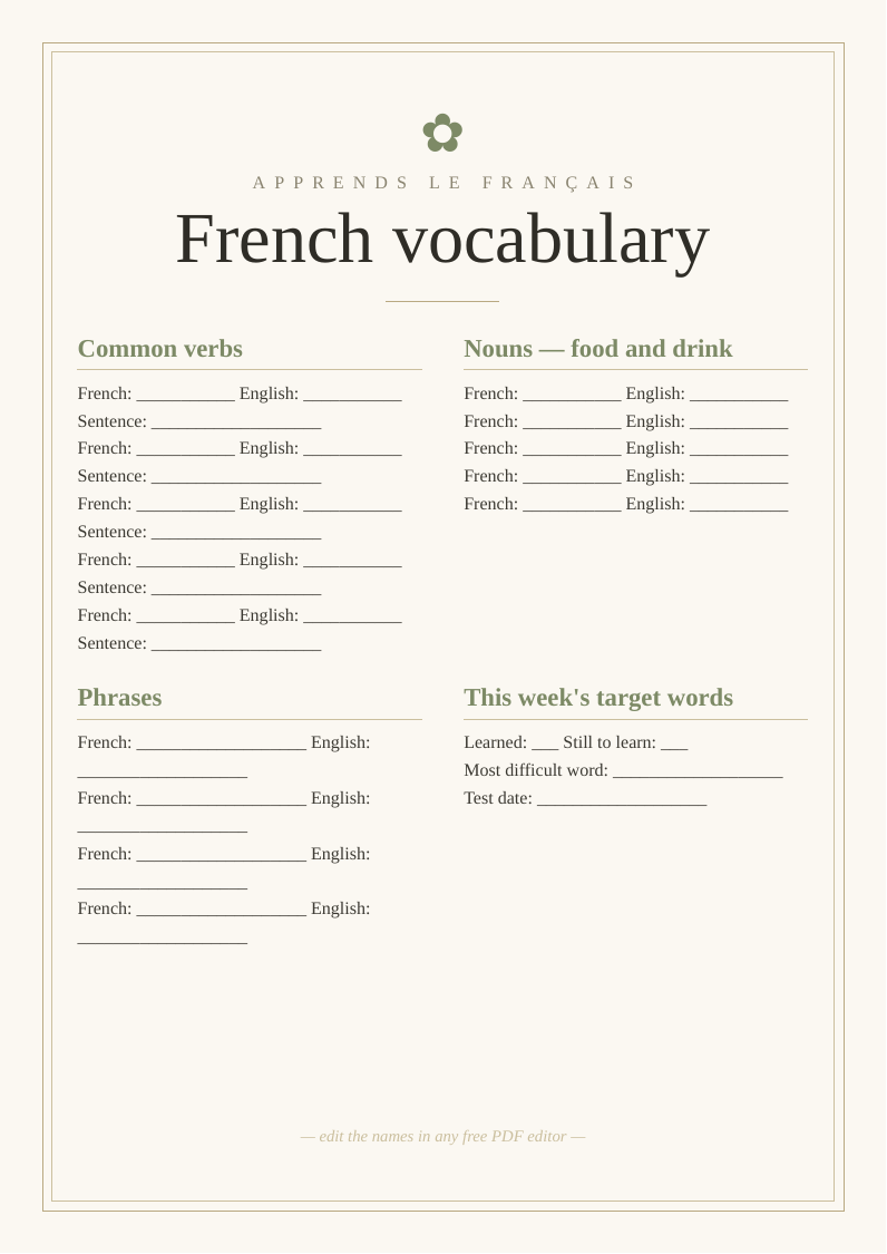 French vocabulary cards printable