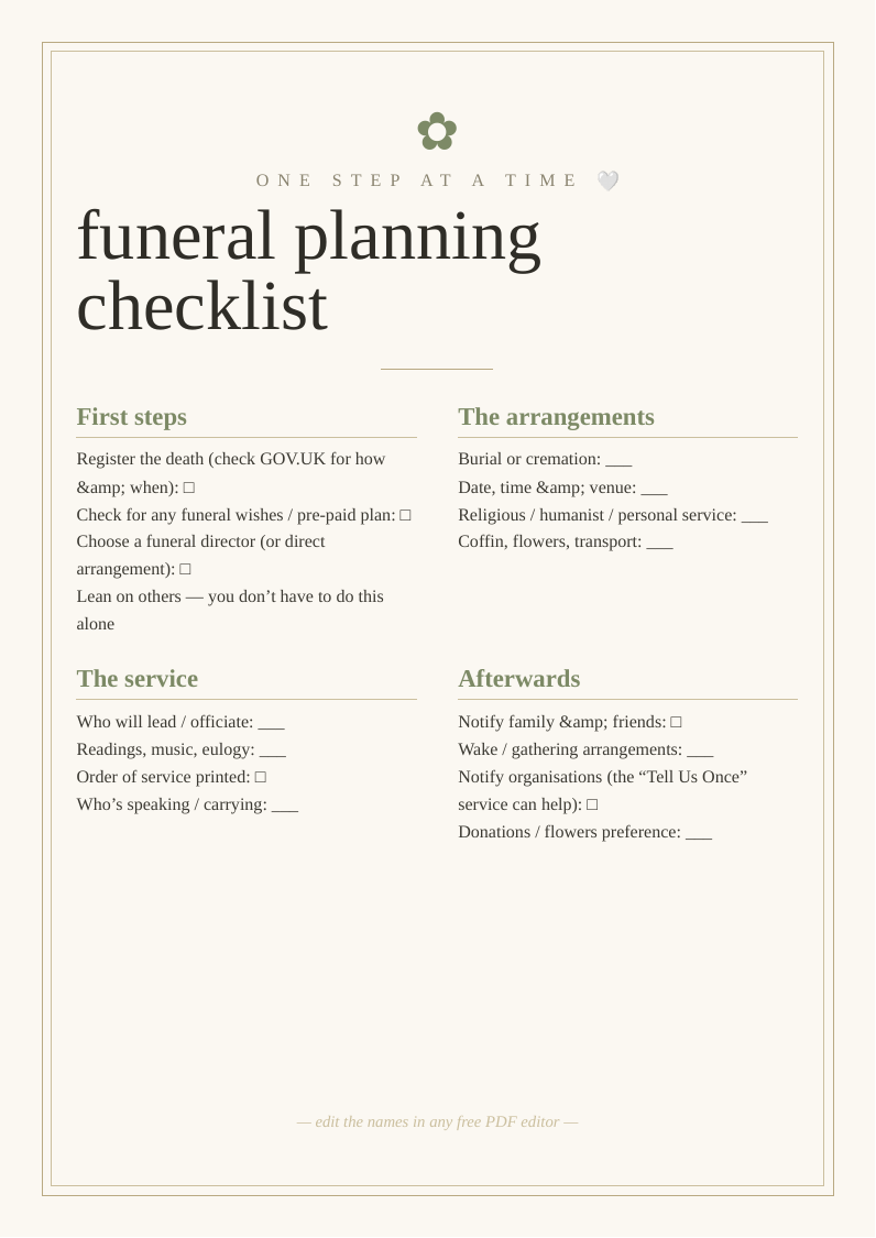 Funeral planning checklist