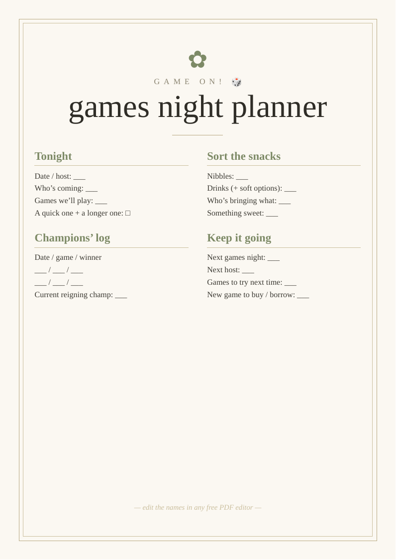 Games night planner & log