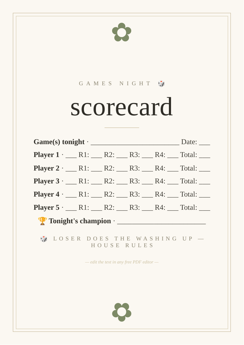 Games night scorecard