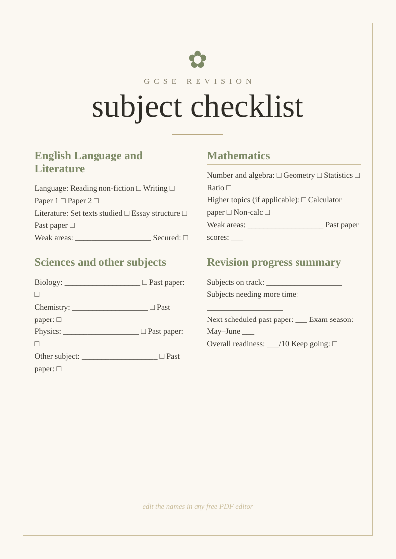 GCSE revision checklist printable subject tracker topics past papers