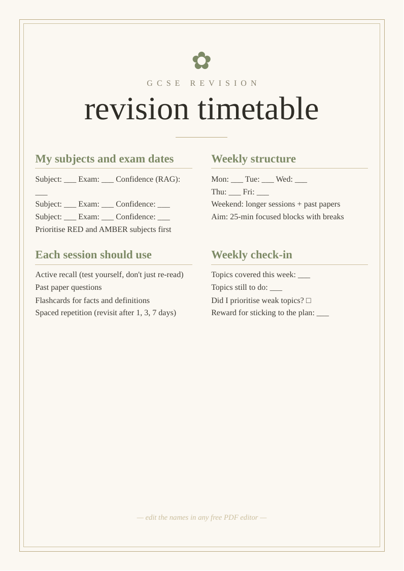 GCSE revision timetable planner printable map subject weeks exams strong weak topics structured plan dread manageable schedule exam