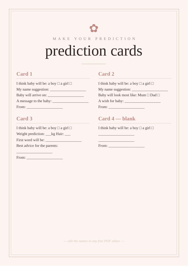 Gender reveal prediction and advice cards