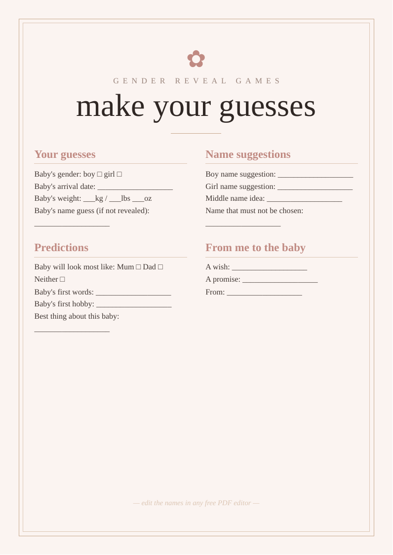 Gender reveal games sheet