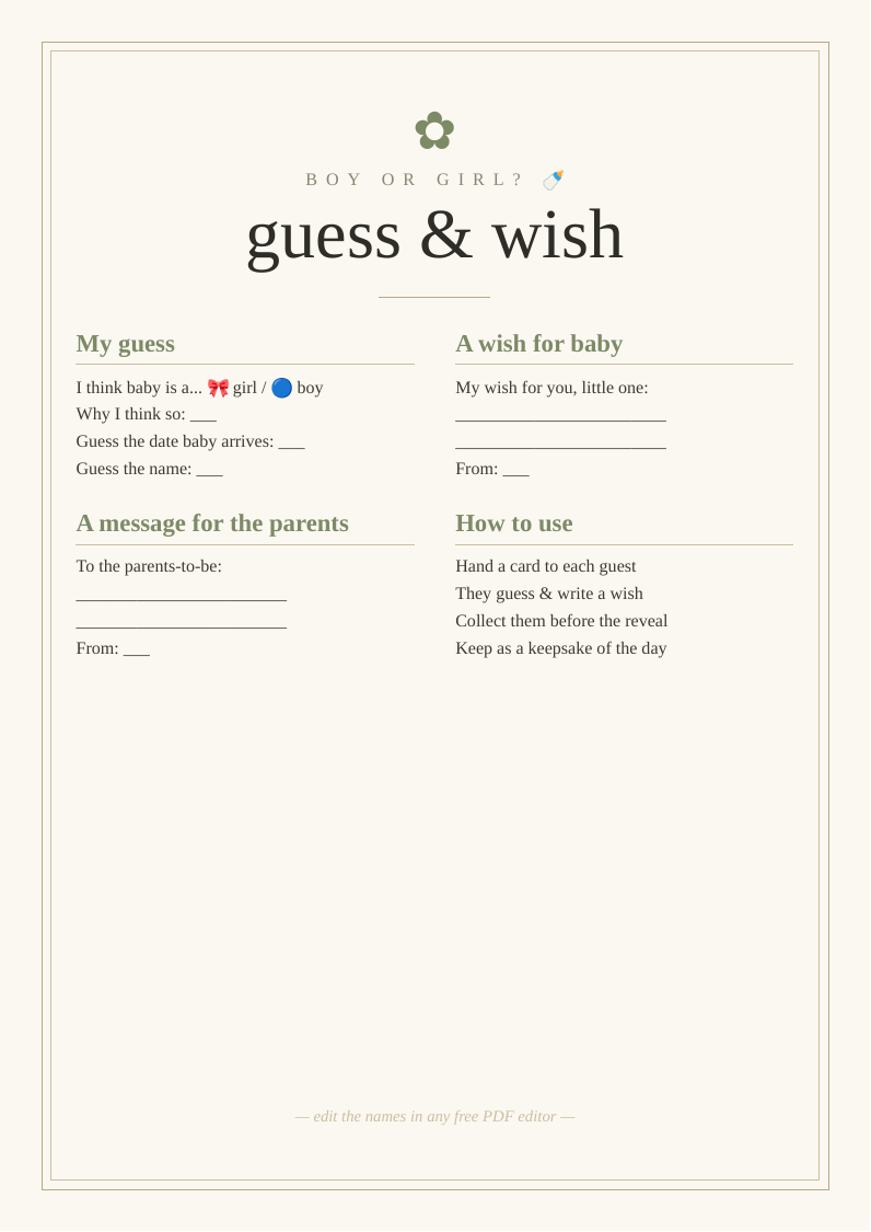 Gender reveal keepsake cards
