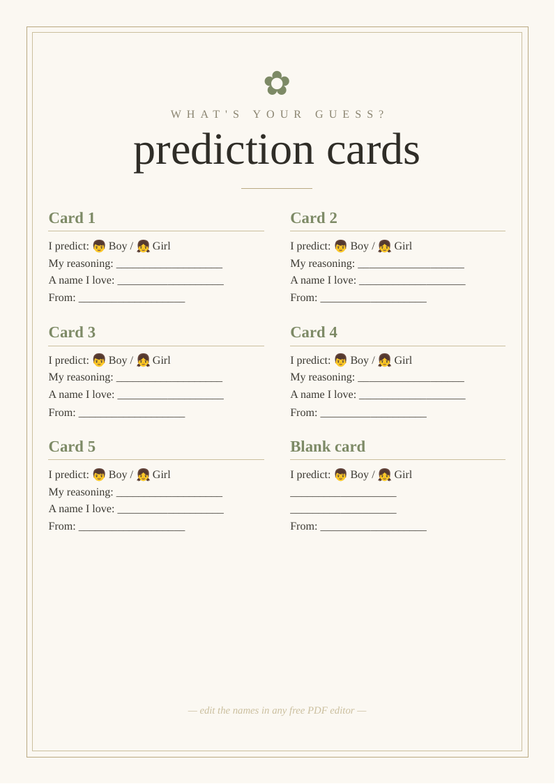 Gender reveal prediction cards