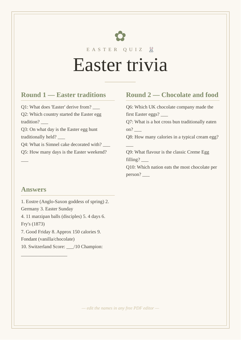 Easter quiz sheet