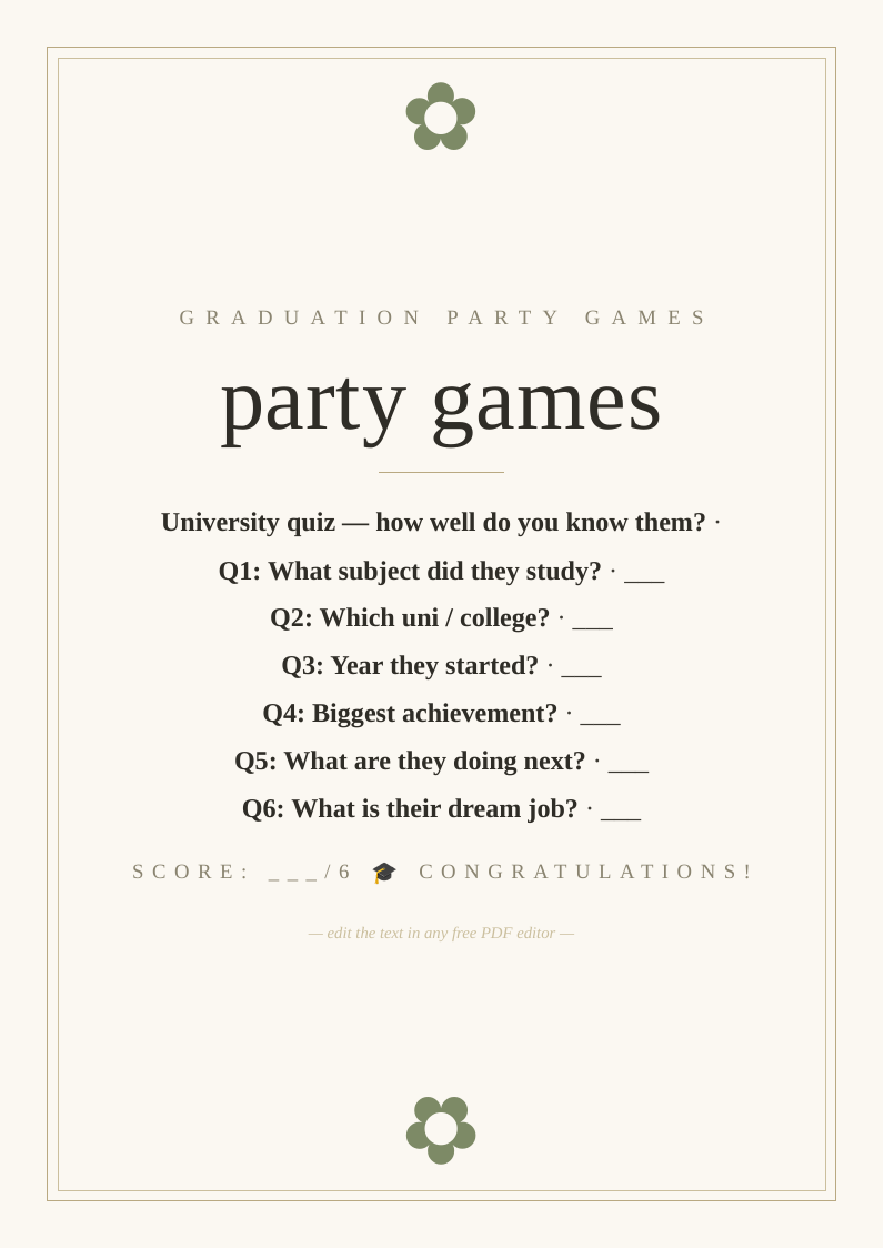 Graduation party games sheet