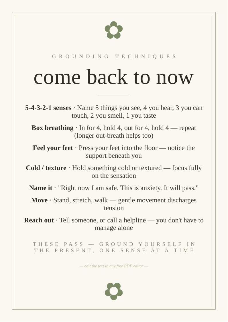 Grounding techniques reference card printable quick evidence-based methods calm anxiety panic overwhelm moment present mental health