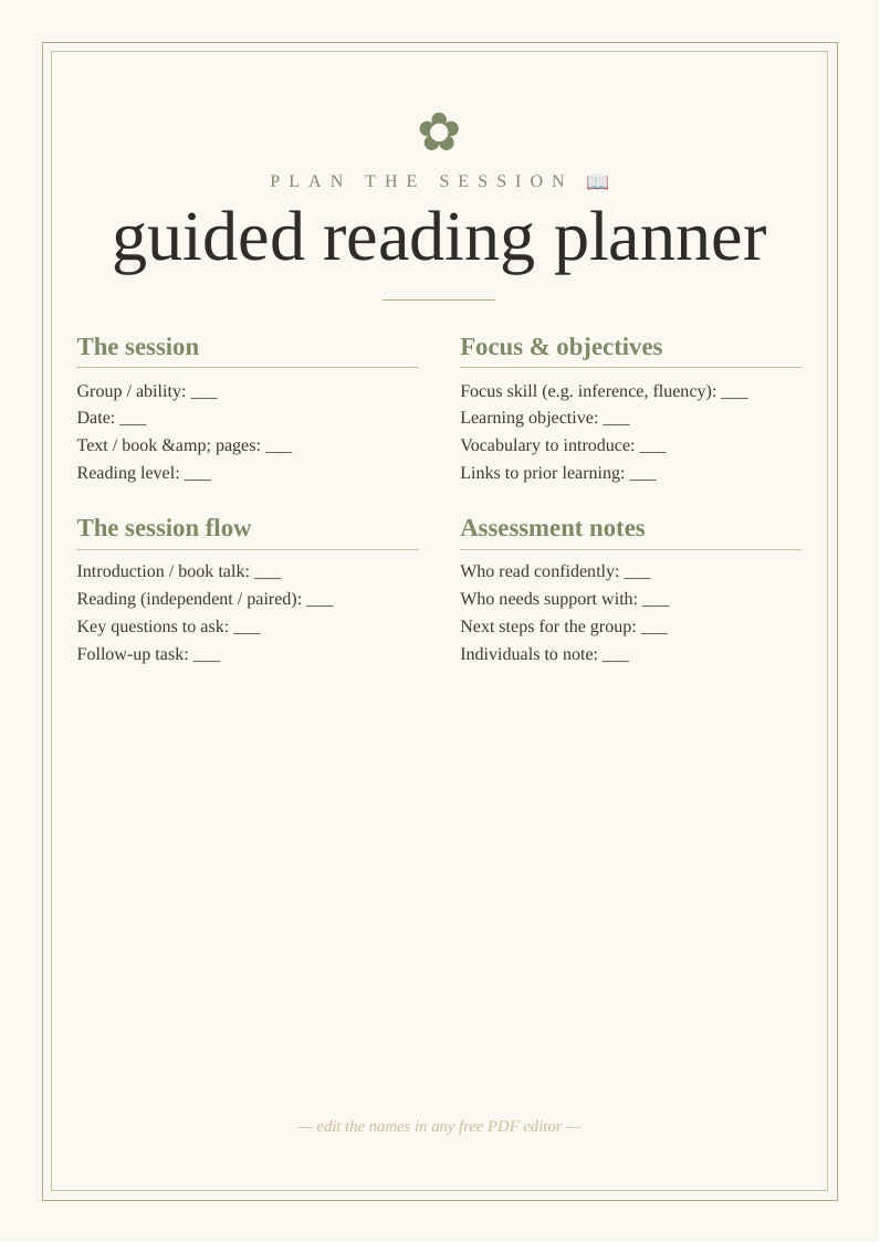 Guided reading session planner