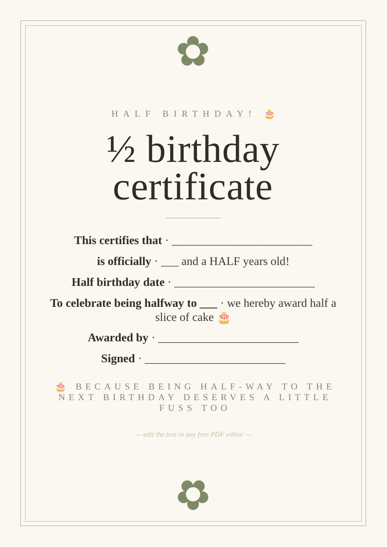 Half birthday certificate