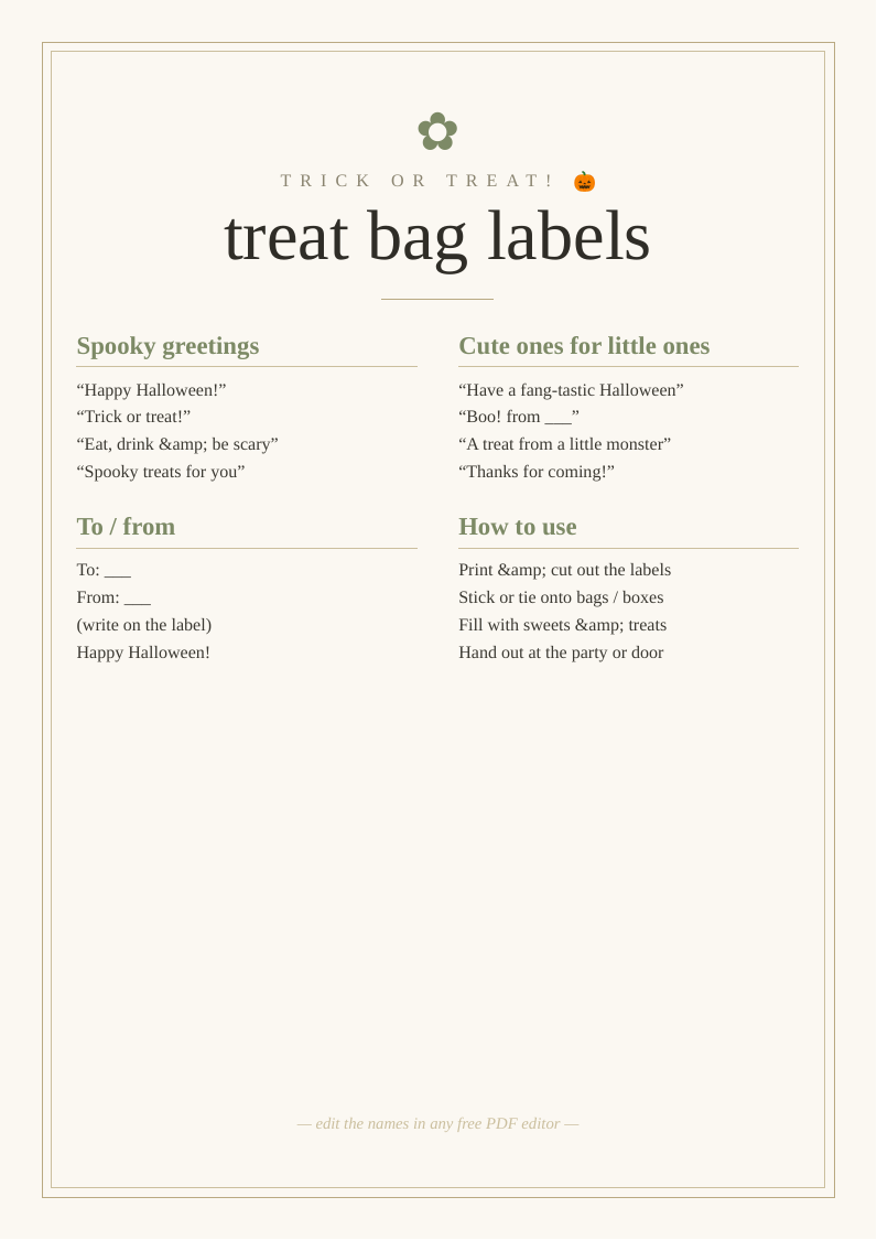Halloween treat bag labels