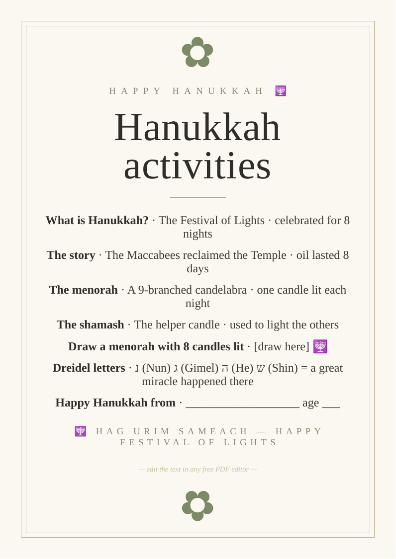 Hanukkah activity sheet for children
