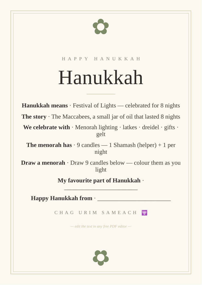 Hanukkah activity sheet for children