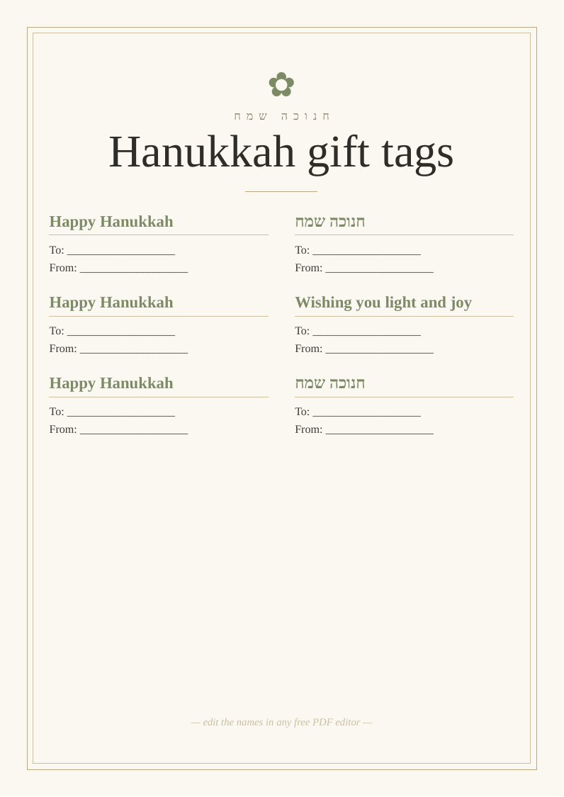 Hanukkah gift tags