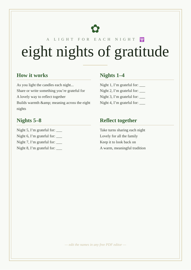 Eight nights gratitude sheet