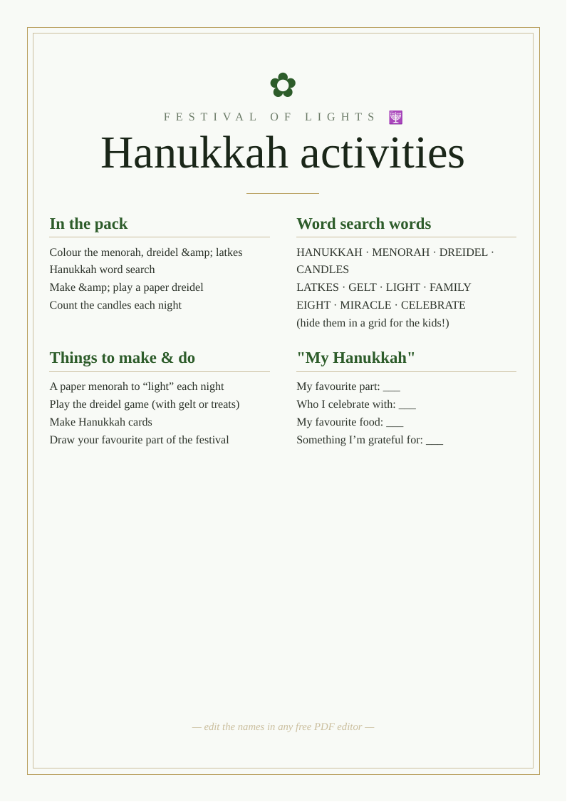 Hanukkah kids' activity pack