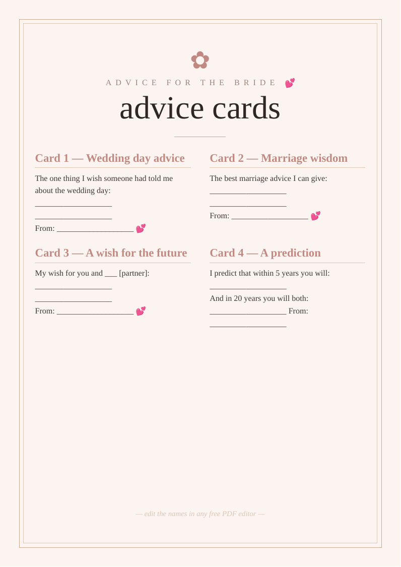 Hen party advice cards for the bride