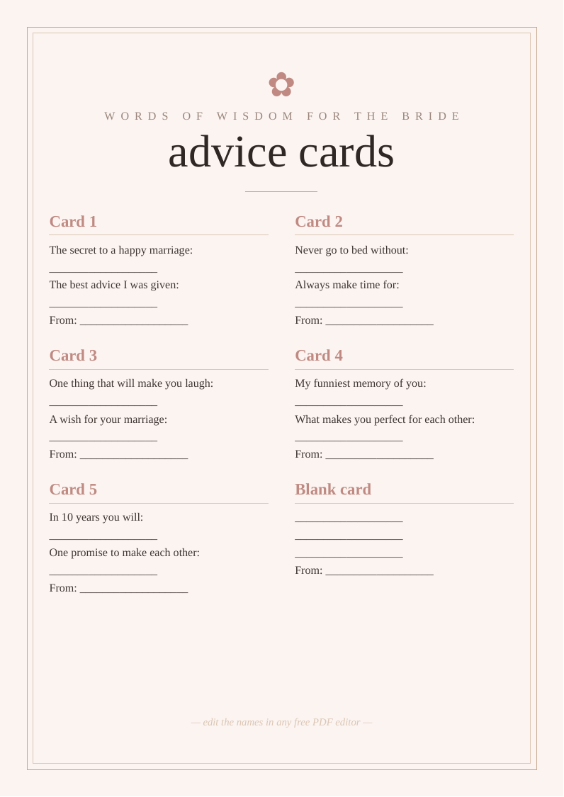 Hen party advice cards for the bride
