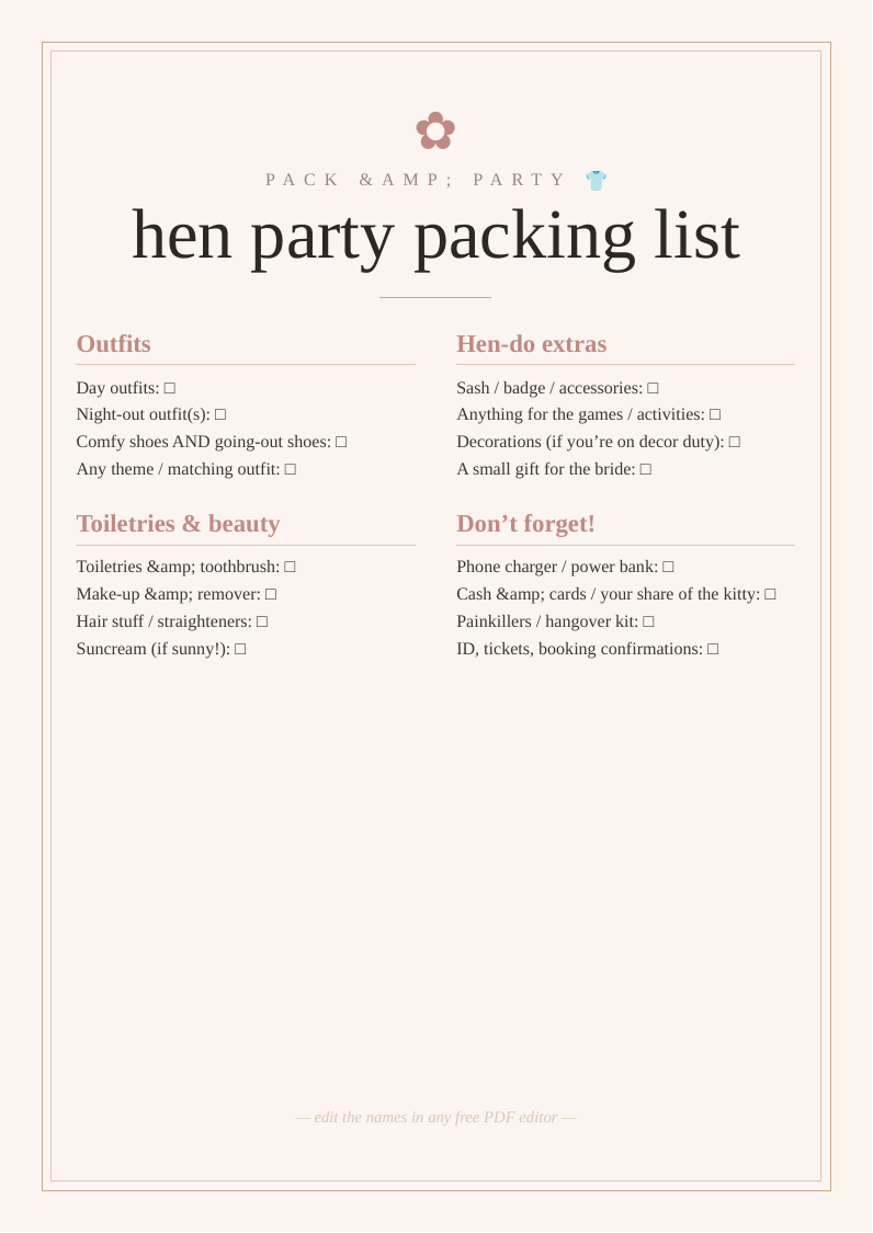 Hen party packing list