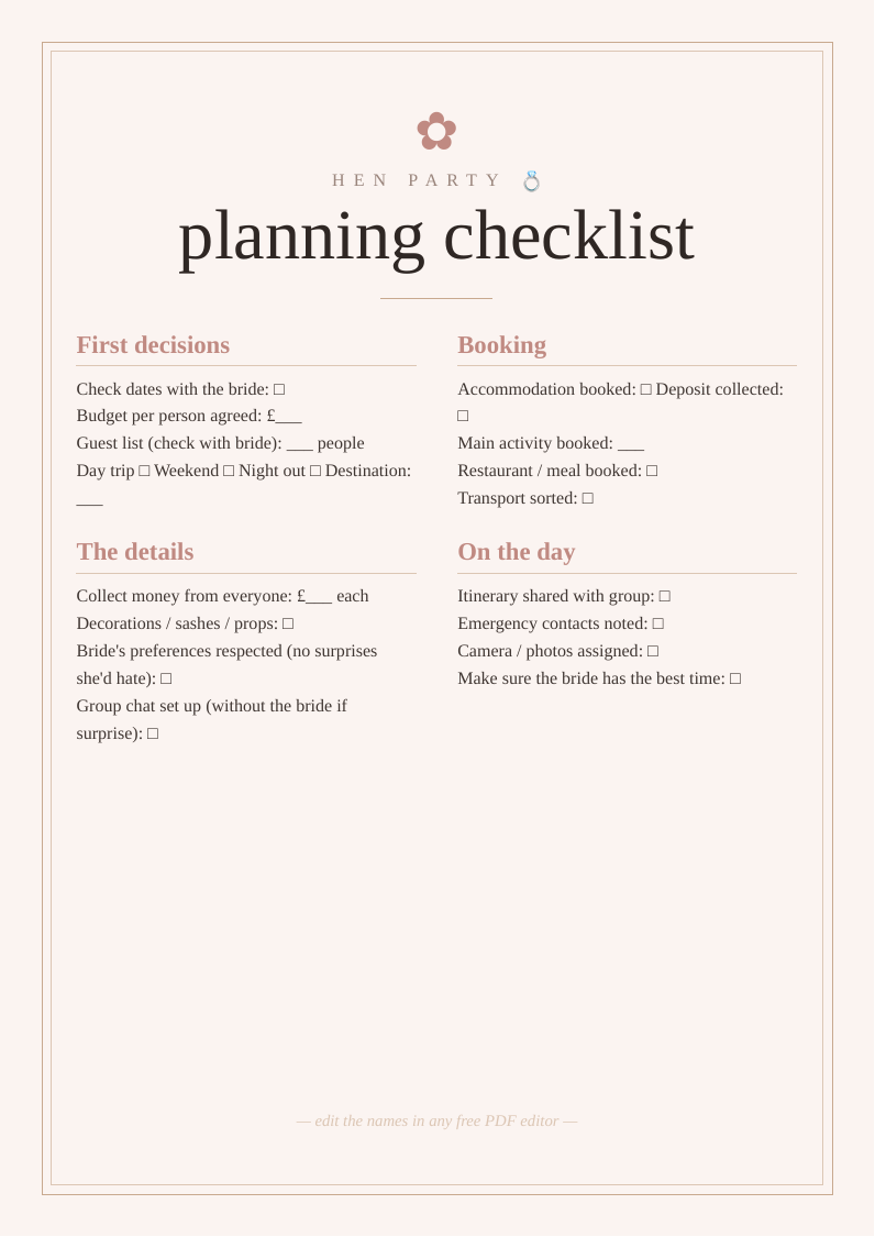 Hen party planning checklist