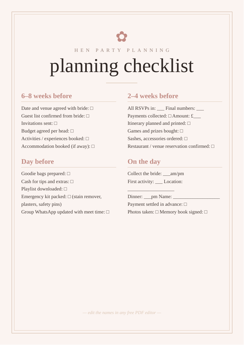 Hen party planning checklist