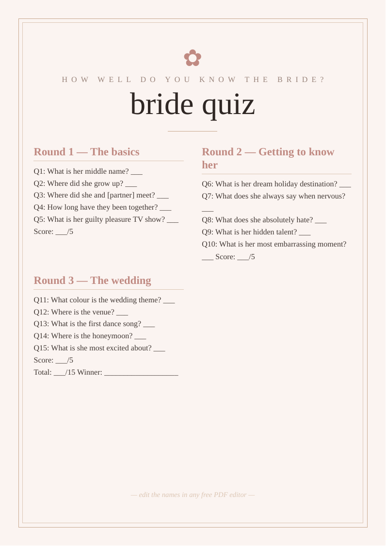 Hen party quiz about the bride