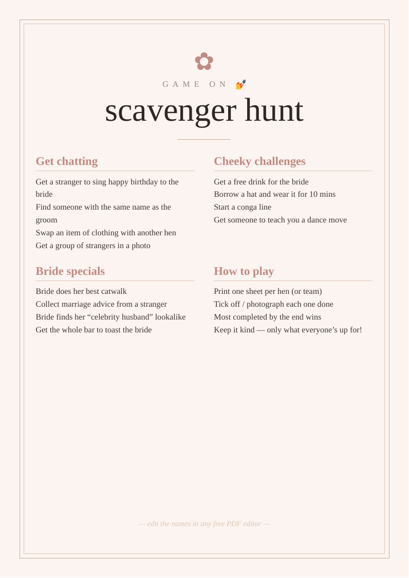 Hen party scavenger hunt