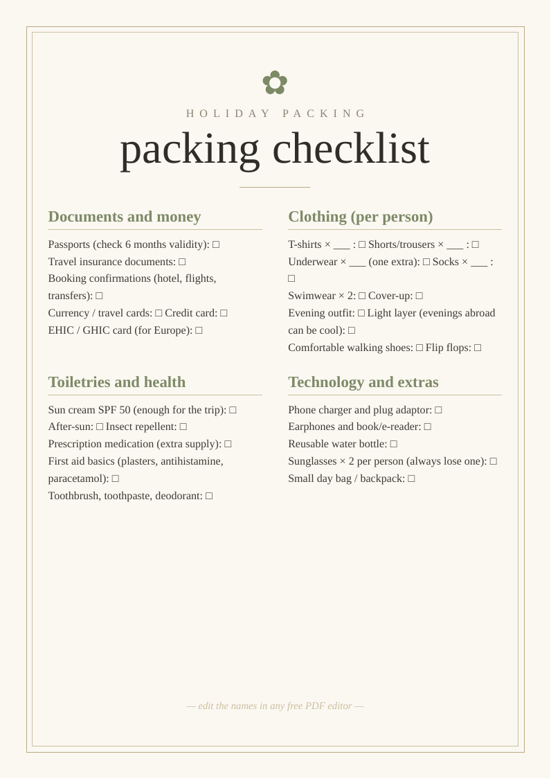 Holiday packing checklist