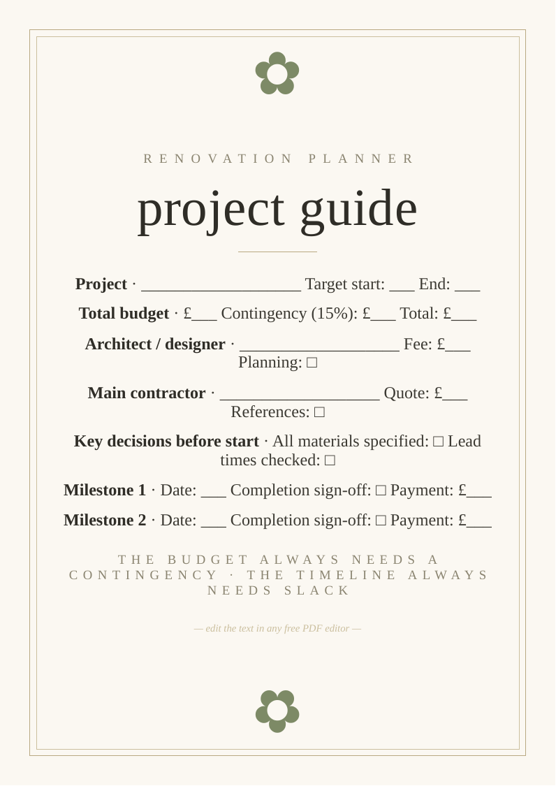 Home renovation project planner printable budget tradespeople timeline decisions before work starts guide property