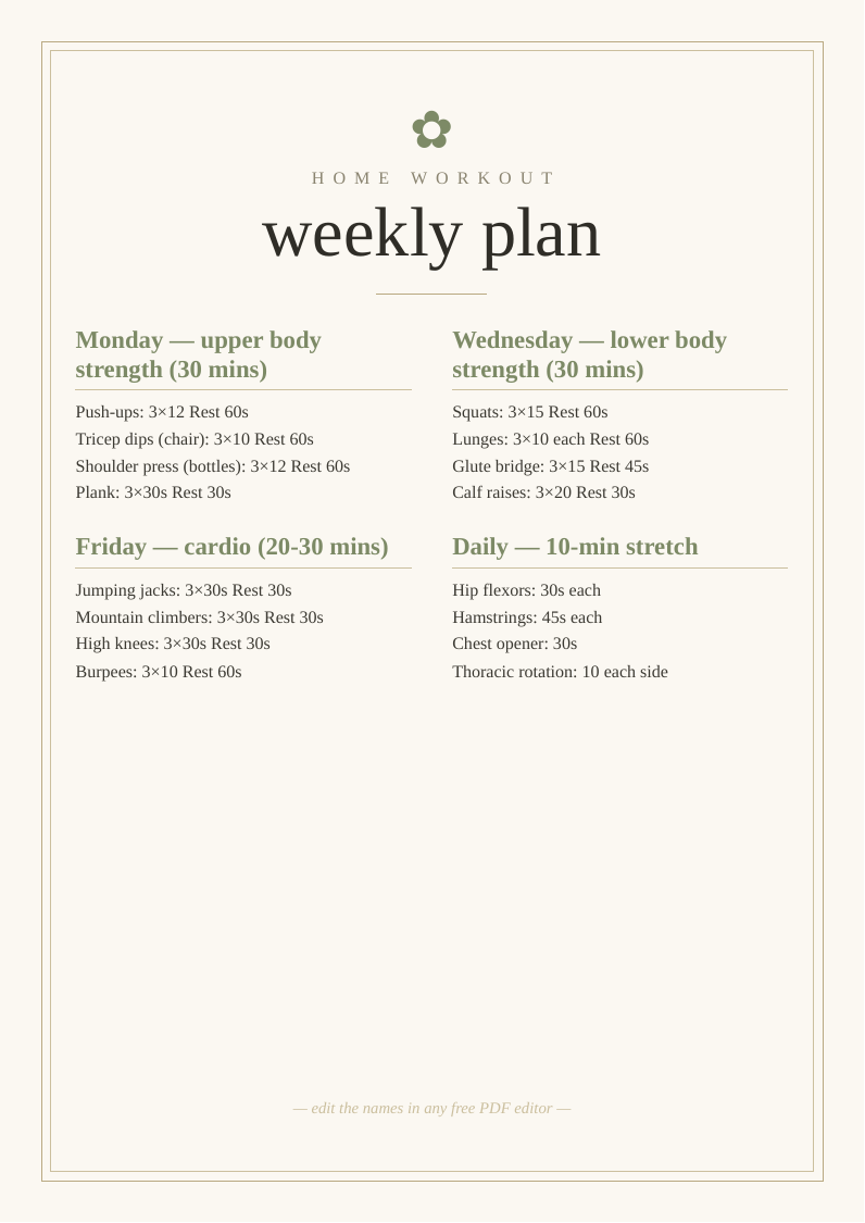 Home workout weekly plan