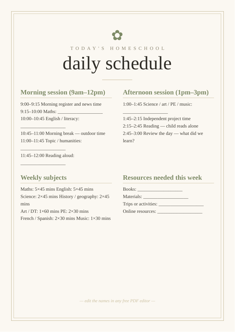Homeschool daily schedule printable template