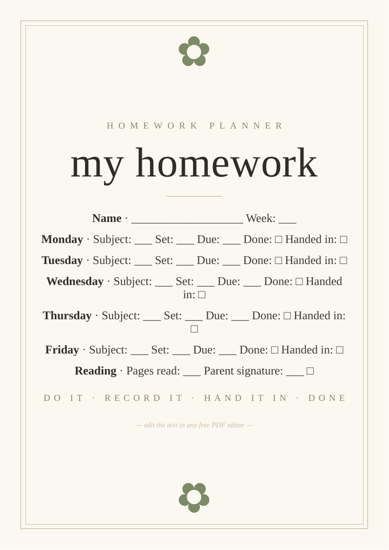 Homework planner printable children tracker assignment due date handed in forgotten no more