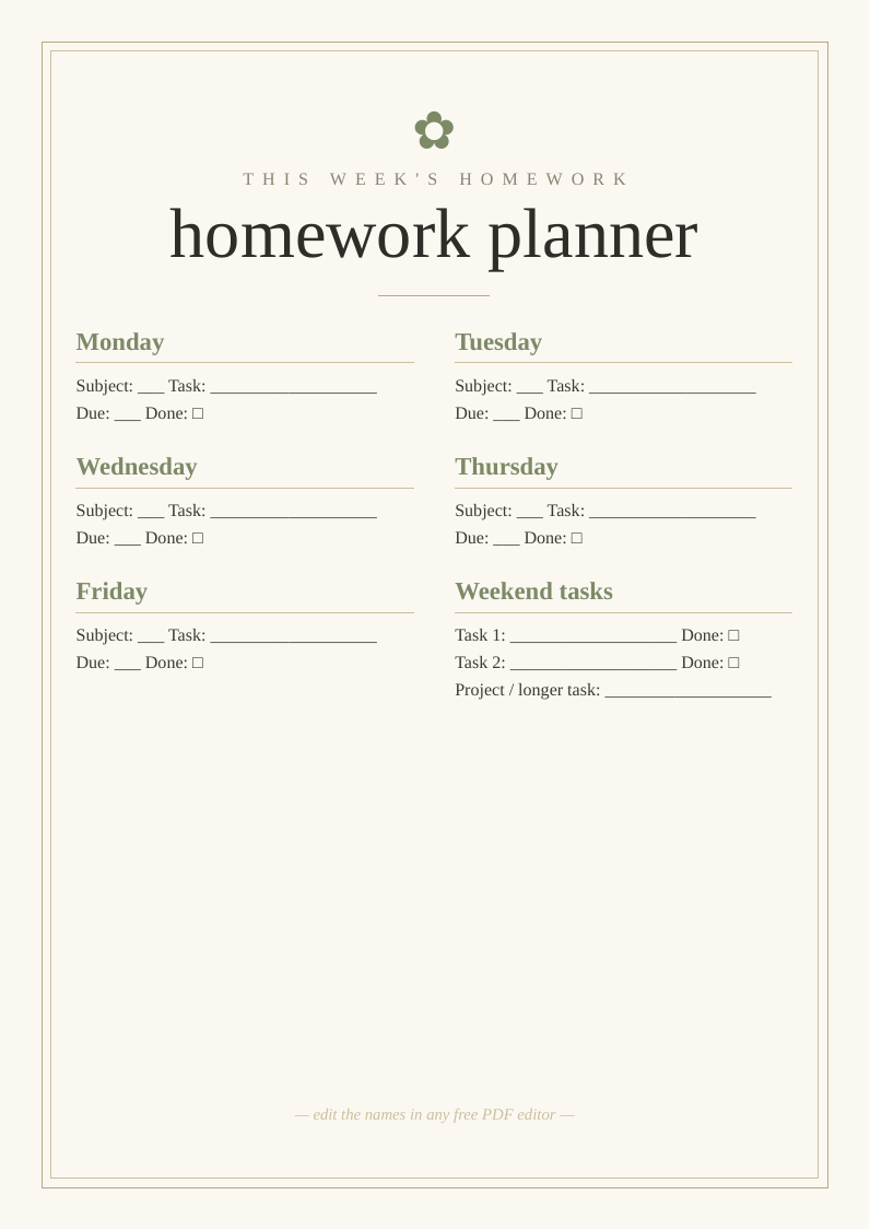 Homework planner printable template
