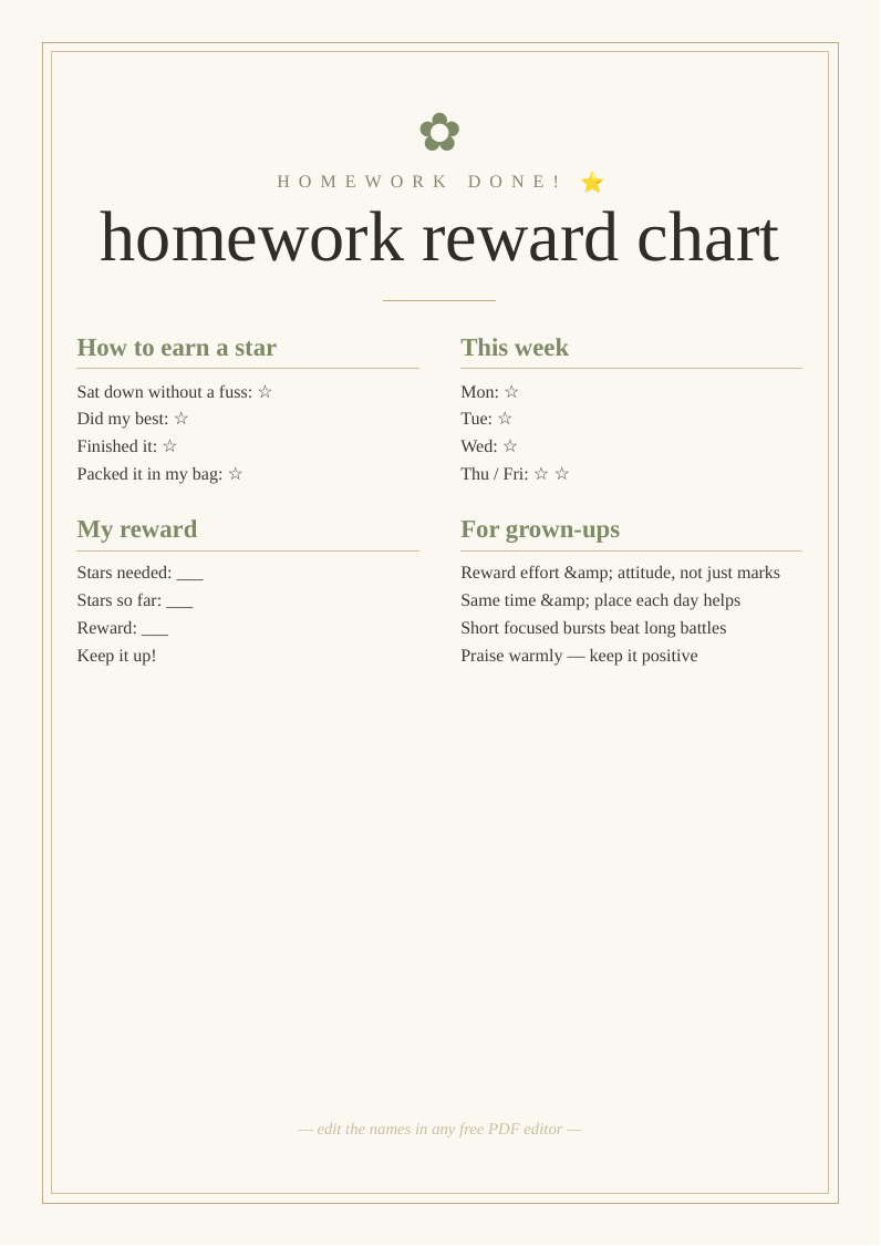 Homework reward chart