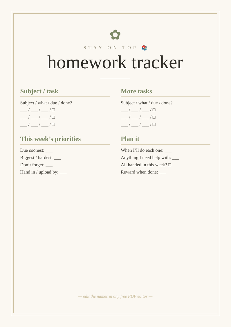 Weekly homework tracker